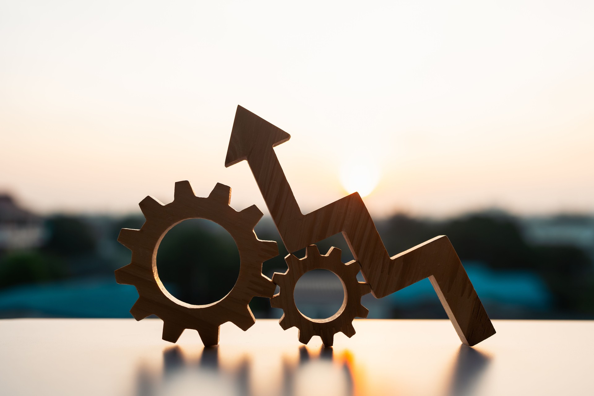 Cogwheels and up Arrows, Operational excellence, Optimize technology, innovation, production growth concept.